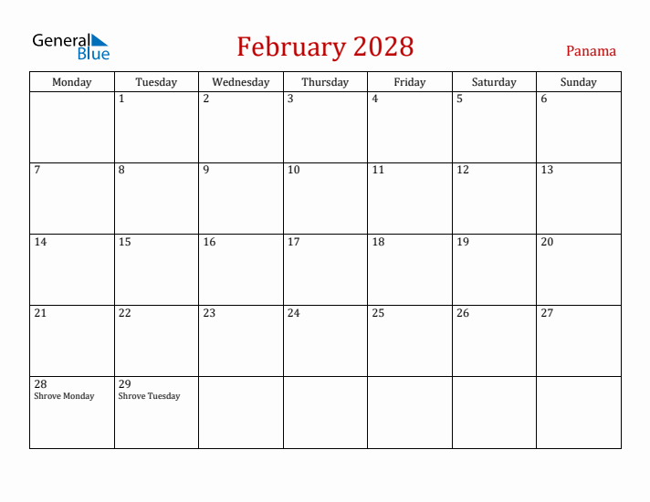Panama February 2028 Calendar - Monday Start