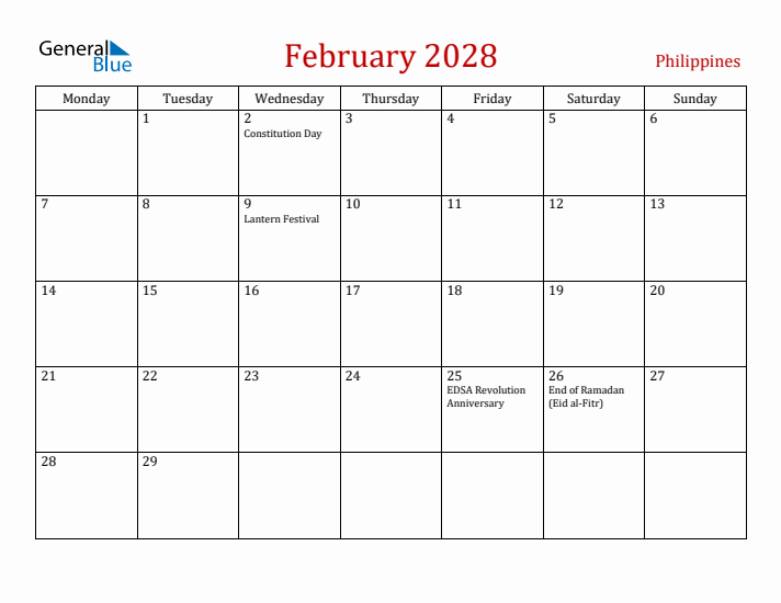 Philippines February 2028 Calendar - Monday Start