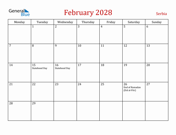 Serbia February 2028 Calendar - Monday Start