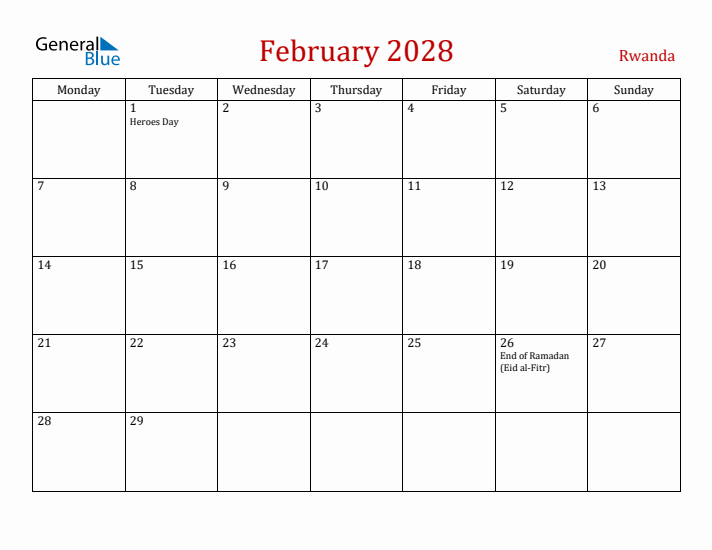 Rwanda February 2028 Calendar - Monday Start