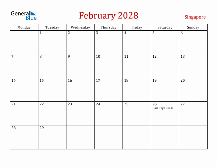 Singapore February 2028 Calendar - Monday Start