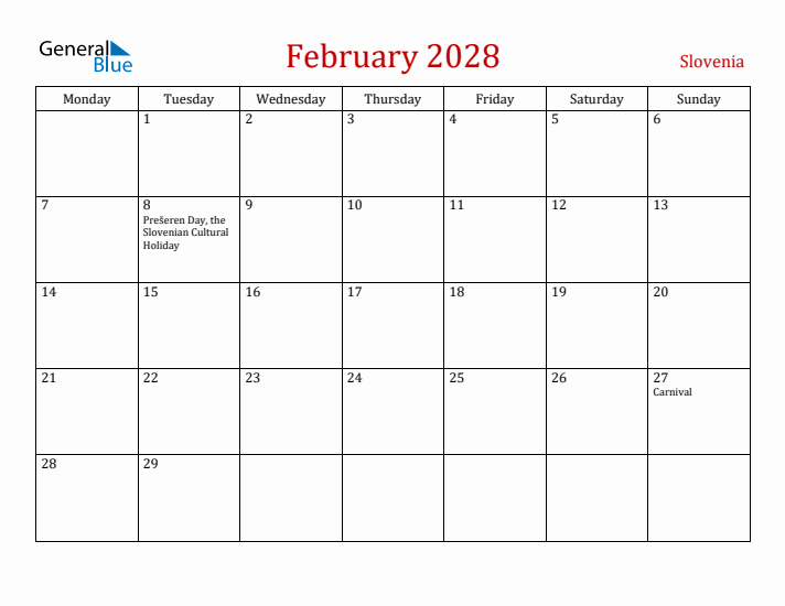 Slovenia February 2028 Calendar - Monday Start