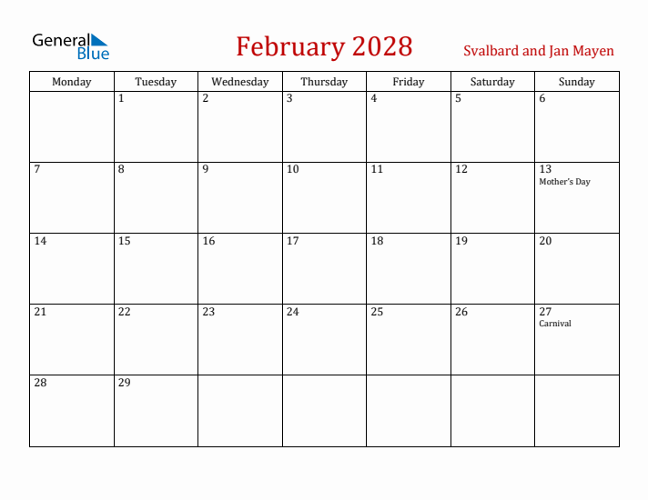 Svalbard and Jan Mayen February 2028 Calendar - Monday Start