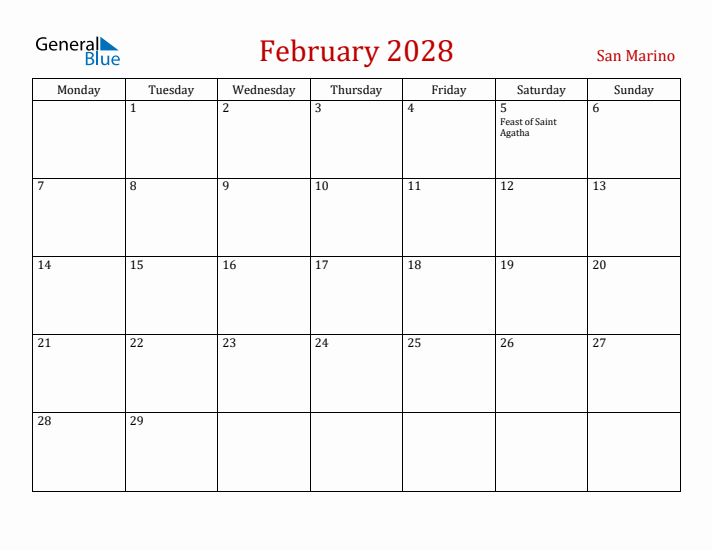 San Marino February 2028 Calendar - Monday Start