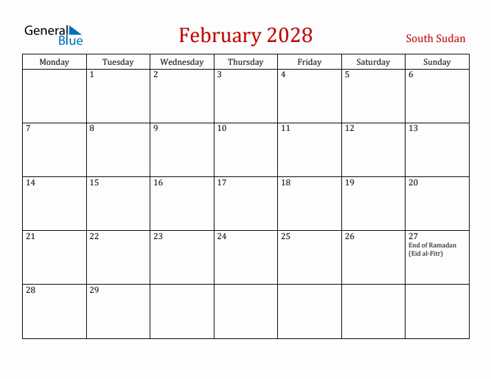 South Sudan February 2028 Calendar - Monday Start