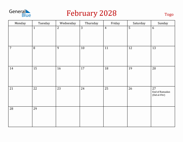 Togo February 2028 Calendar - Monday Start