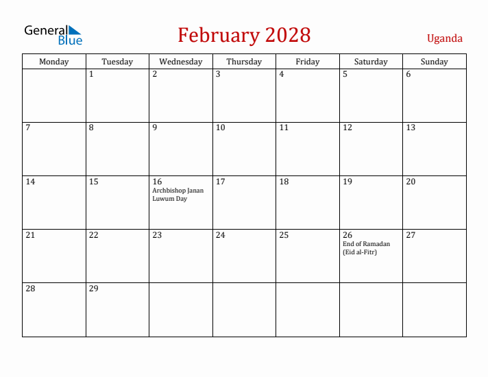 Uganda February 2028 Calendar - Monday Start