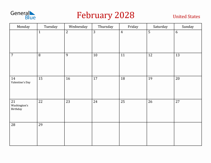United States February 2028 Calendar - Monday Start