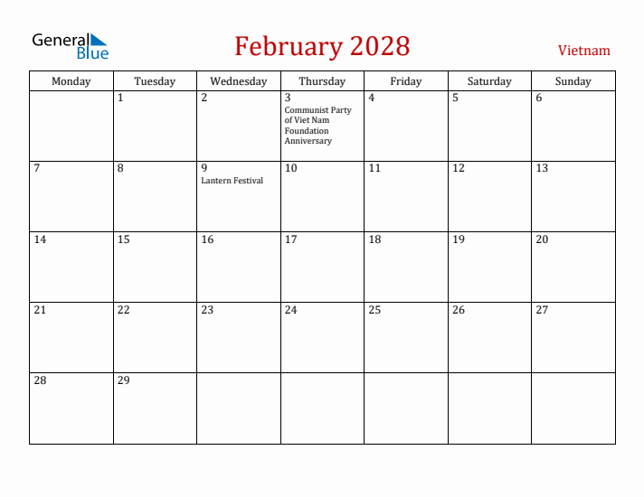 Vietnam February 2028 Calendar - Monday Start