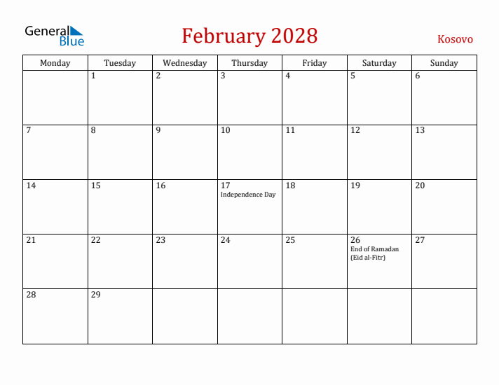 Kosovo February 2028 Calendar - Monday Start