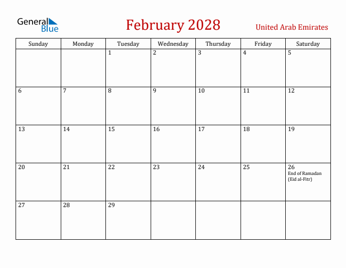 United Arab Emirates February 2028 Calendar - Sunday Start