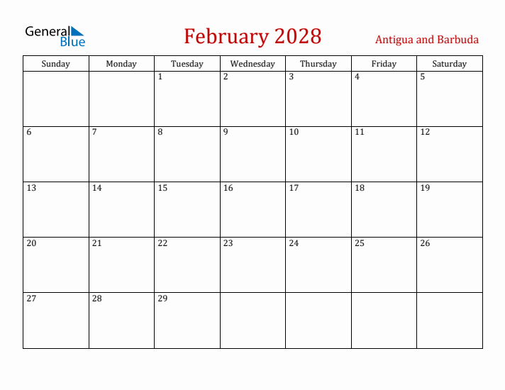 Antigua and Barbuda February 2028 Calendar - Sunday Start