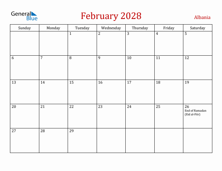 Albania February 2028 Calendar - Sunday Start