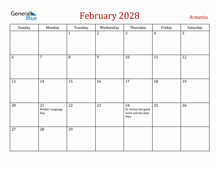 Armenia February 2028 Calendar - Sunday Start