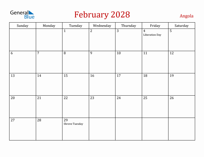 Angola February 2028 Calendar - Sunday Start