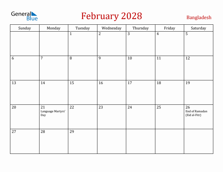 Bangladesh February 2028 Calendar - Sunday Start