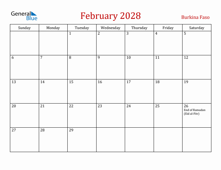 Burkina Faso February 2028 Calendar - Sunday Start