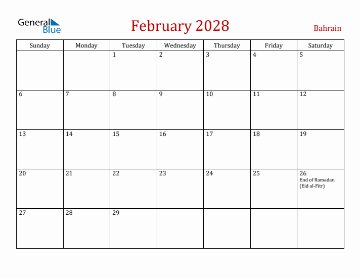 Bahrain February 2028 Calendar - Sunday Start