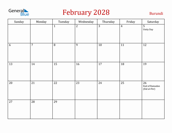 Burundi February 2028 Calendar - Sunday Start