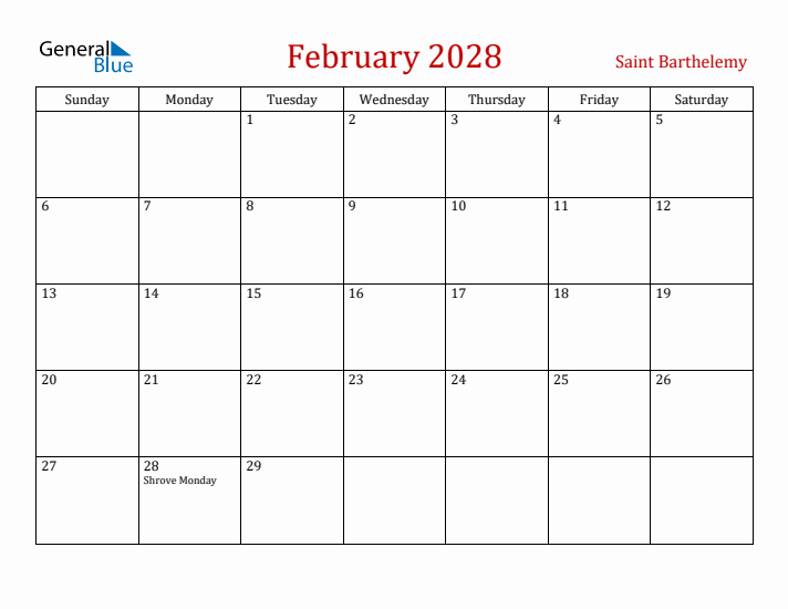 Saint Barthelemy February 2028 Calendar - Sunday Start