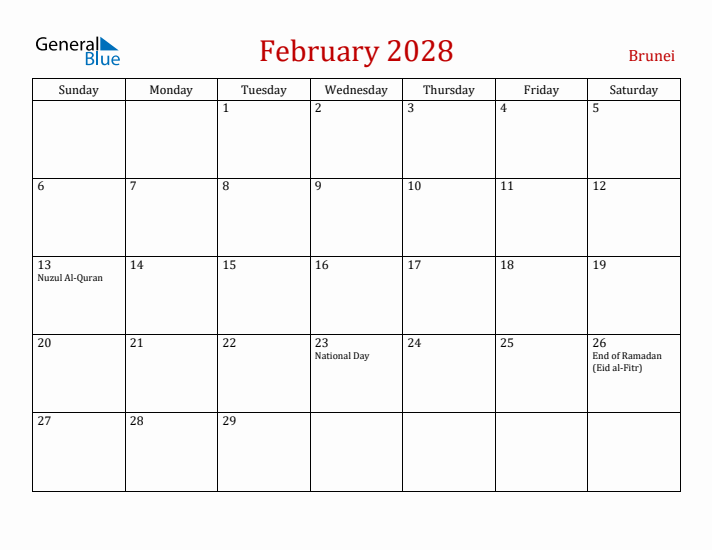 Brunei February 2028 Calendar - Sunday Start