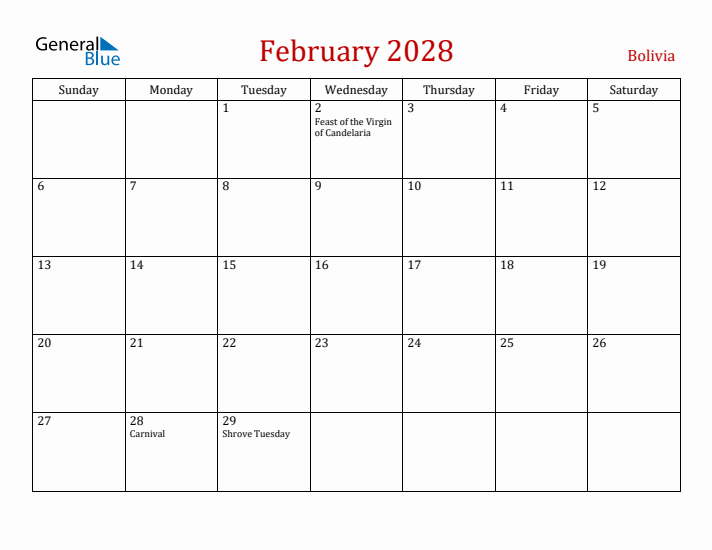 Bolivia February 2028 Calendar - Sunday Start