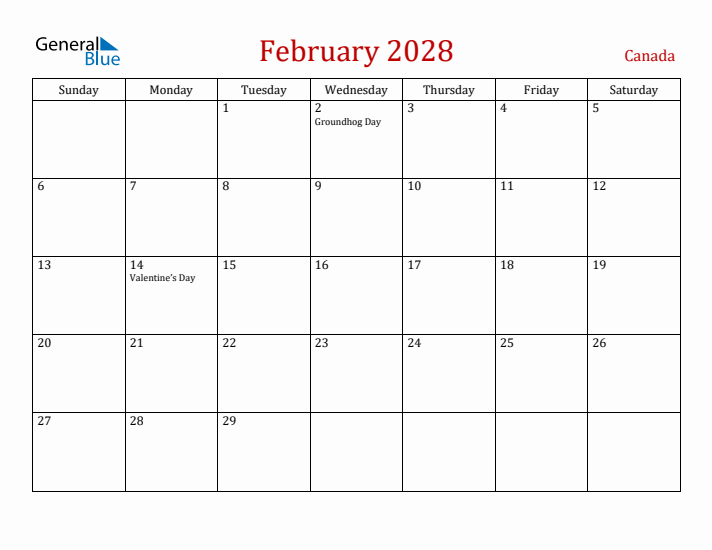 Canada February 2028 Calendar - Sunday Start