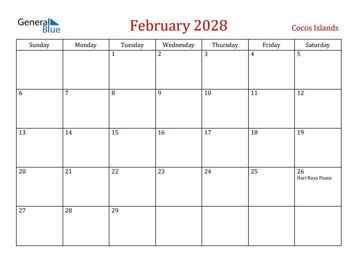 Cocos Islands February 2028 Calendar - Sunday Start
