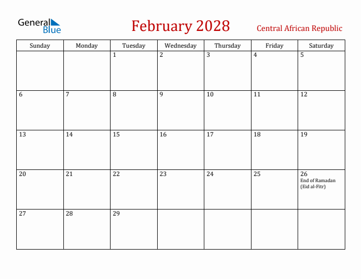 Central African Republic February 2028 Calendar - Sunday Start