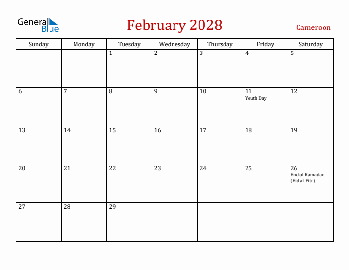 Cameroon February 2028 Calendar - Sunday Start