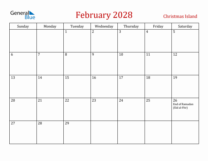 Christmas Island February 2028 Calendar - Sunday Start