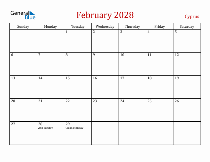 Cyprus February 2028 Calendar - Sunday Start