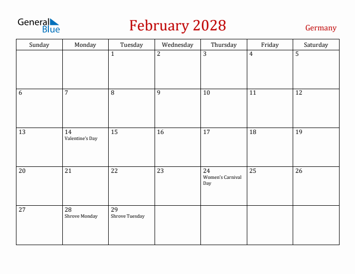Germany February 2028 Calendar - Sunday Start