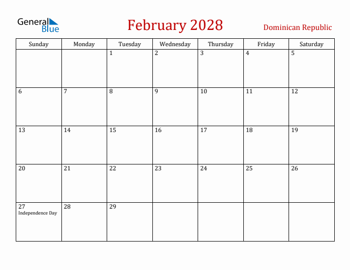 Dominican Republic February 2028 Calendar - Sunday Start