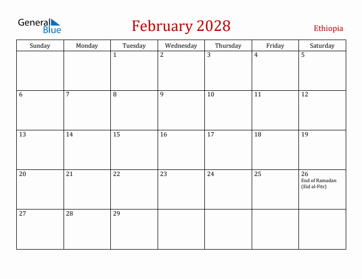 Ethiopia February 2028 Calendar - Sunday Start