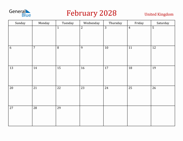 United Kingdom February 2028 Calendar - Sunday Start