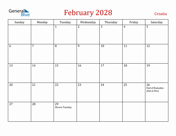 Croatia February 2028 Calendar - Sunday Start