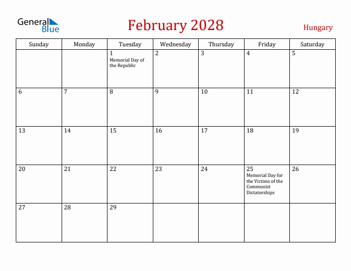 Hungary February 2028 Calendar - Sunday Start