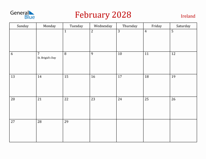 Ireland February 2028 Calendar - Sunday Start