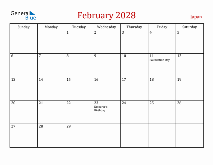 Japan February 2028 Calendar - Sunday Start