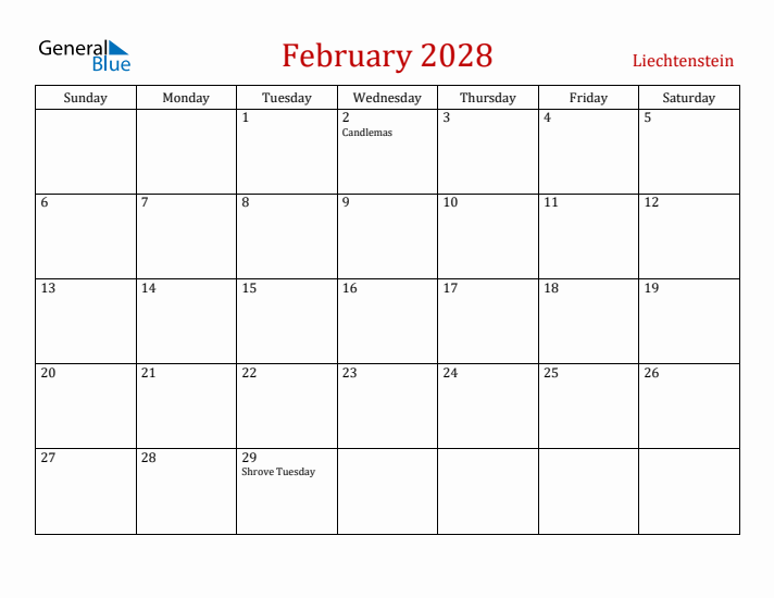 Liechtenstein February 2028 Calendar - Sunday Start