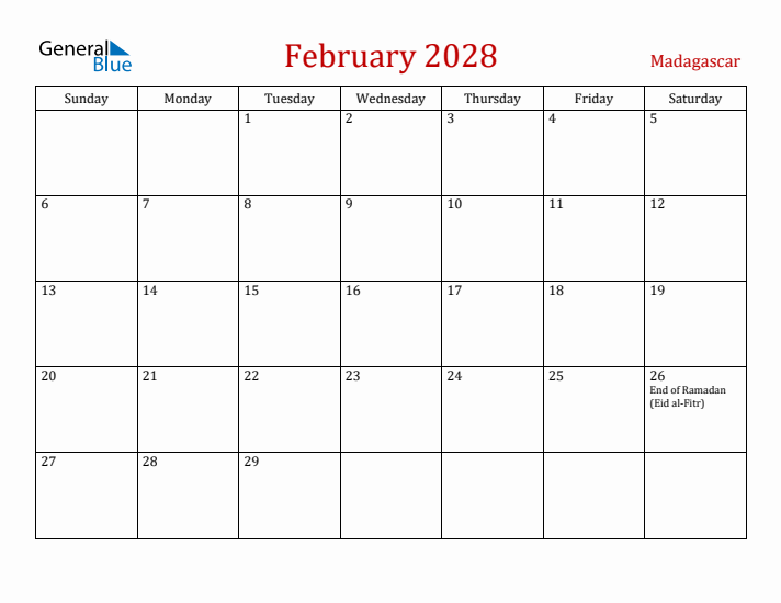 Madagascar February 2028 Calendar - Sunday Start