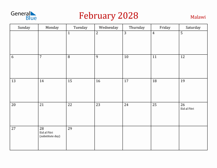 Malawi February 2028 Calendar - Sunday Start