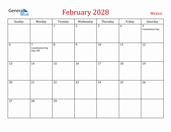 Mexico February 2028 Calendar - Sunday Start