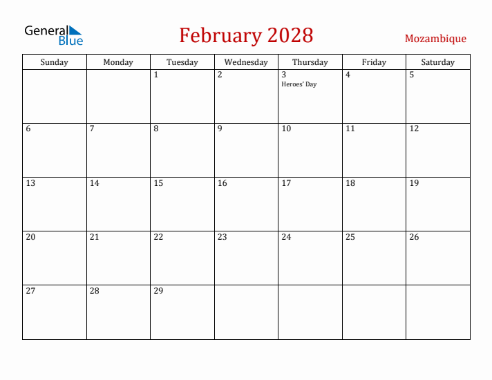 Mozambique February 2028 Calendar - Sunday Start