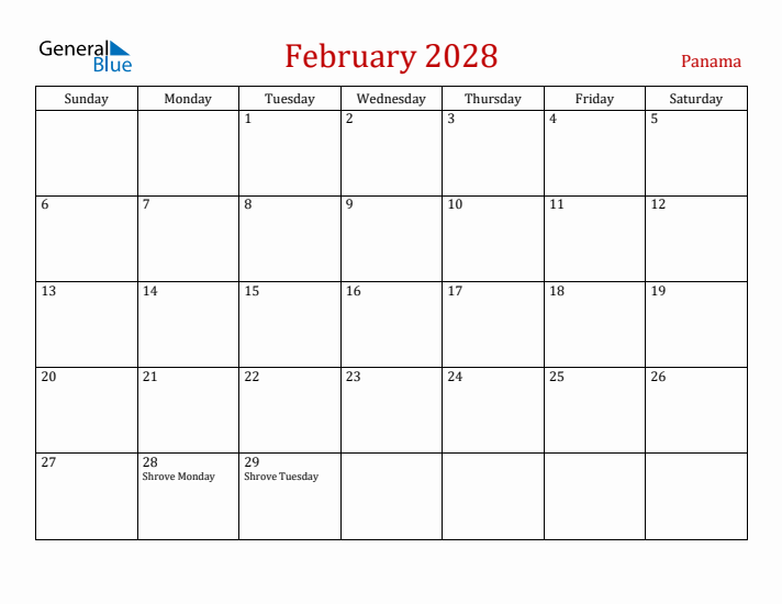 Panama February 2028 Calendar - Sunday Start