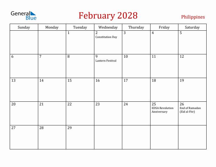 Philippines February 2028 Calendar - Sunday Start