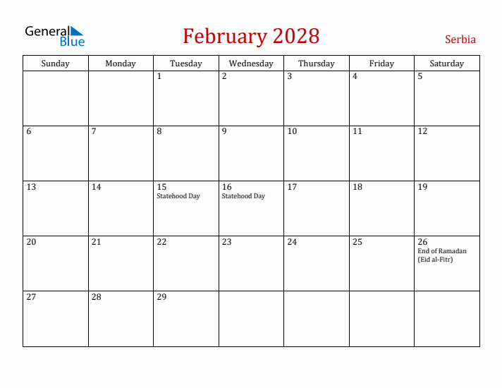 Serbia February 2028 Calendar - Sunday Start
