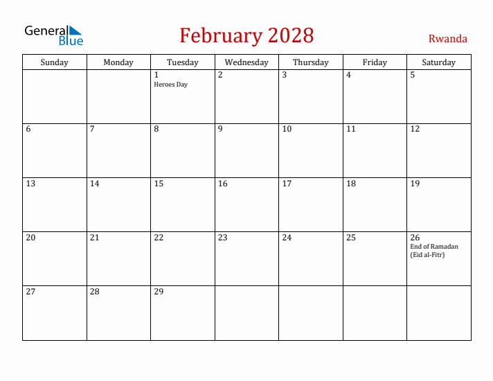 Rwanda February 2028 Calendar - Sunday Start
