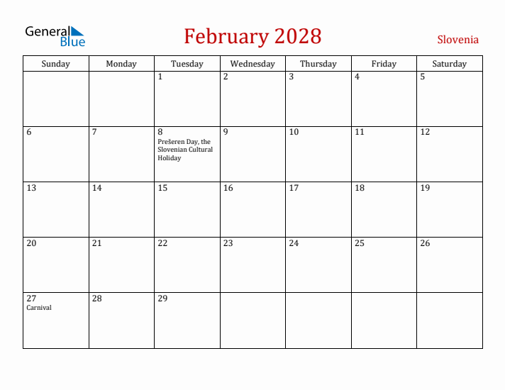 Slovenia February 2028 Calendar - Sunday Start